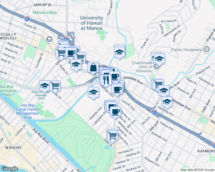 map of restaurants, bars, coffee shops, grocery stores, and more near 2927 Kapiolani Boulevard in Honolulu