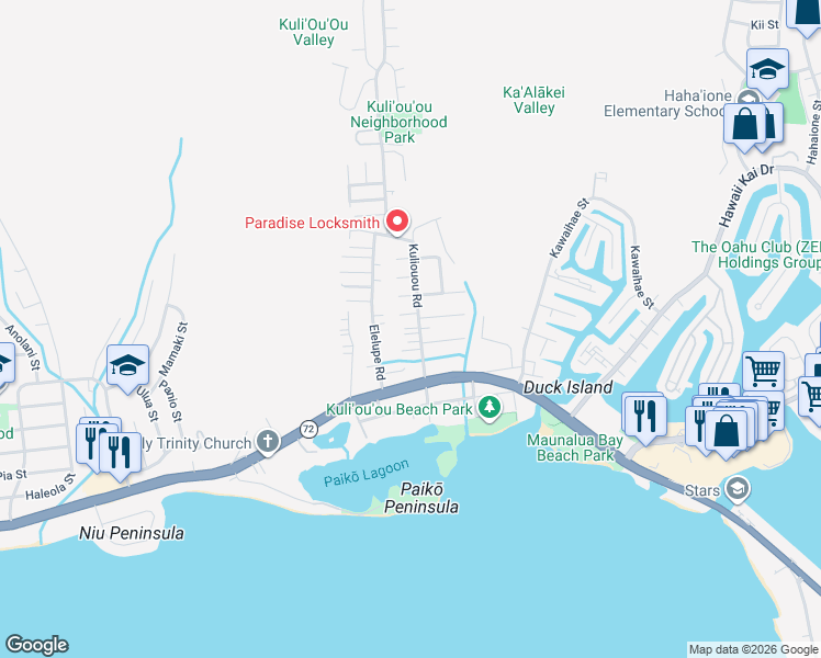 map of restaurants, bars, coffee shops, grocery stores, and more near 256 Kuliouou Road in Honolulu