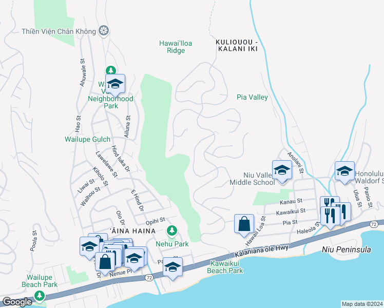 map of restaurants, bars, coffee shops, grocery stores, and more near 665 Kahiau Loop in Honolulu