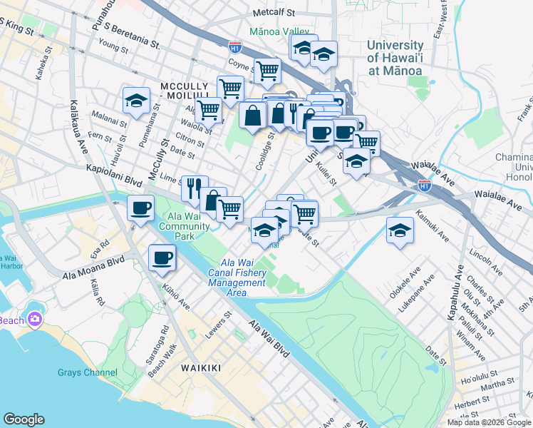 map of restaurants, bars, coffee shops, grocery stores, and more near 625 University Avenue in Honolulu