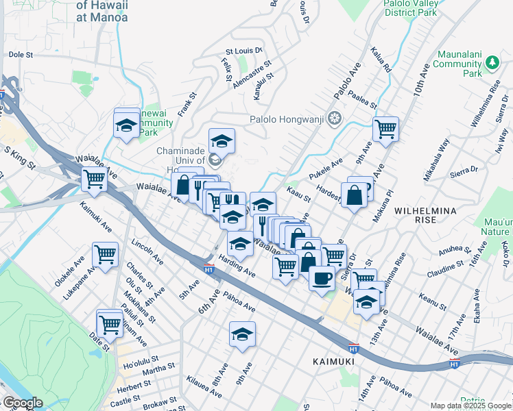 map of restaurants, bars, coffee shops, grocery stores, and more near 2211 Keanu Street in Honolulu