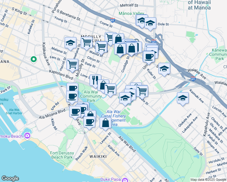 map of restaurants, bars, coffee shops, grocery stores, and more near 608 Hausten Street in Honolulu