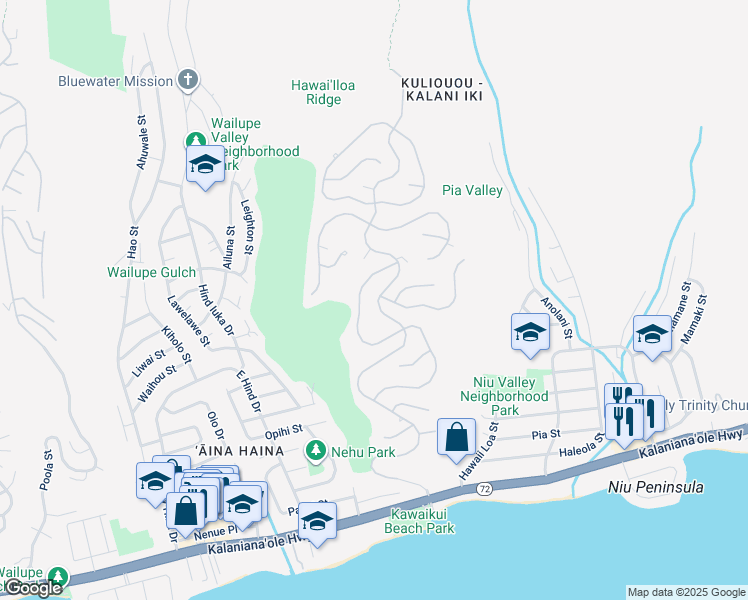 map of restaurants, bars, coffee shops, grocery stores, and more near 596 Puuikena Drive in Honolulu