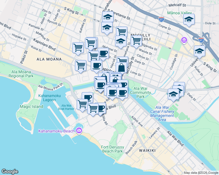 map of restaurants, bars, coffee shops, grocery stores, and more near 1835 Kalākaua Avenue in Honolulu