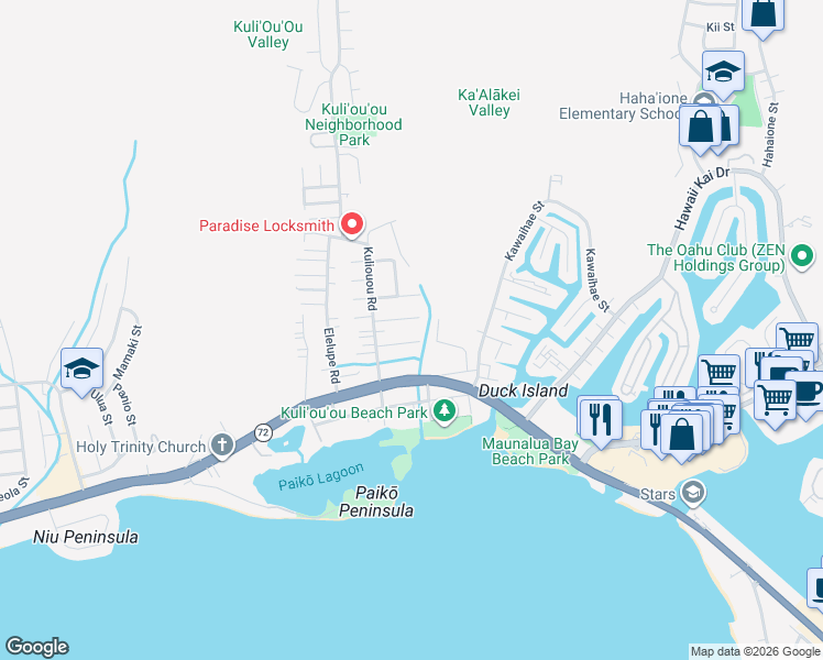 map of restaurants, bars, coffee shops, grocery stores, and more near 6147 Pahukula Place in Honolulu