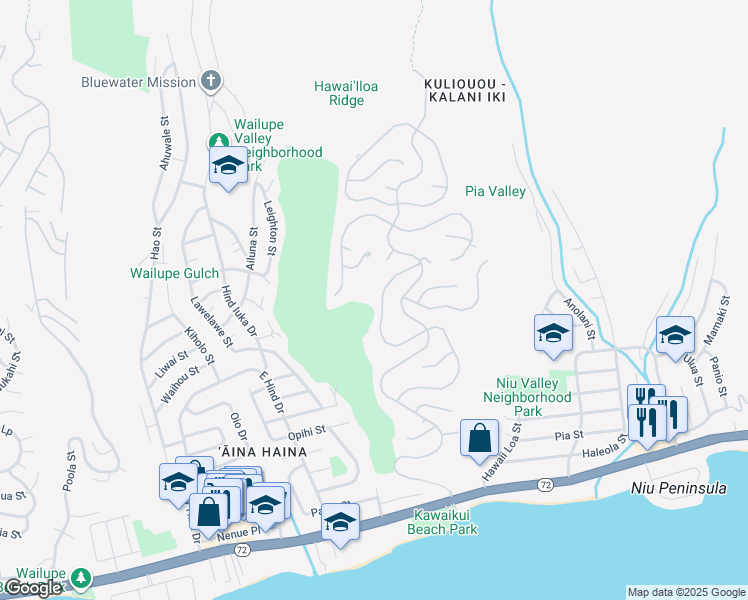map of restaurants, bars, coffee shops, grocery stores, and more near 665 Kahiau Loop in Honolulu