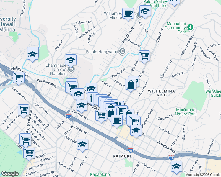 map of restaurants, bars, coffee shops, grocery stores, and more near 3407 Kaau Street in Honolulu