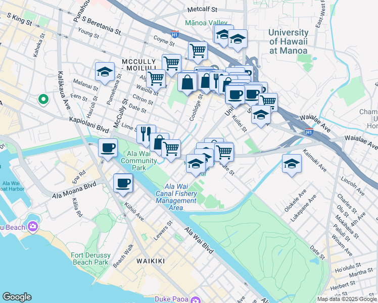 map of restaurants, bars, coffee shops, grocery stores, and more near 625 University Avenue in Honolulu