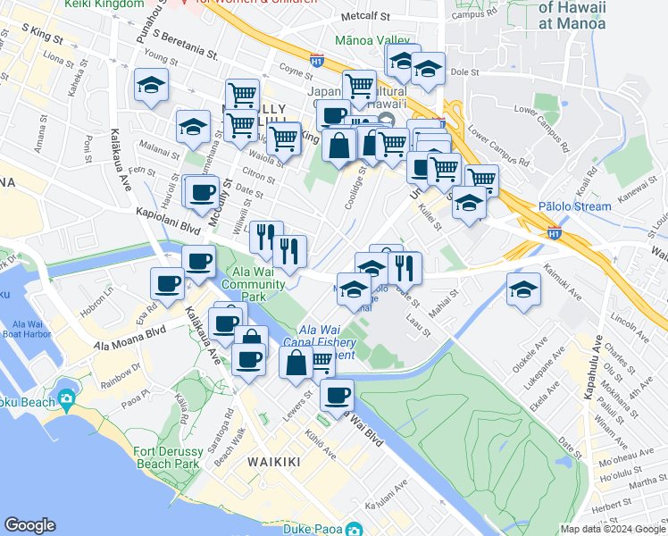 map of restaurants, bars, coffee shops, grocery stores, and more near 608 Hausten Street in Honolulu