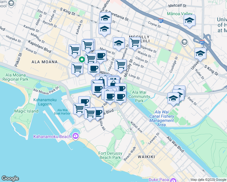 map of restaurants, bars, coffee shops, grocery stores, and more near 1837 Kalakaua Avenue in Honolulu