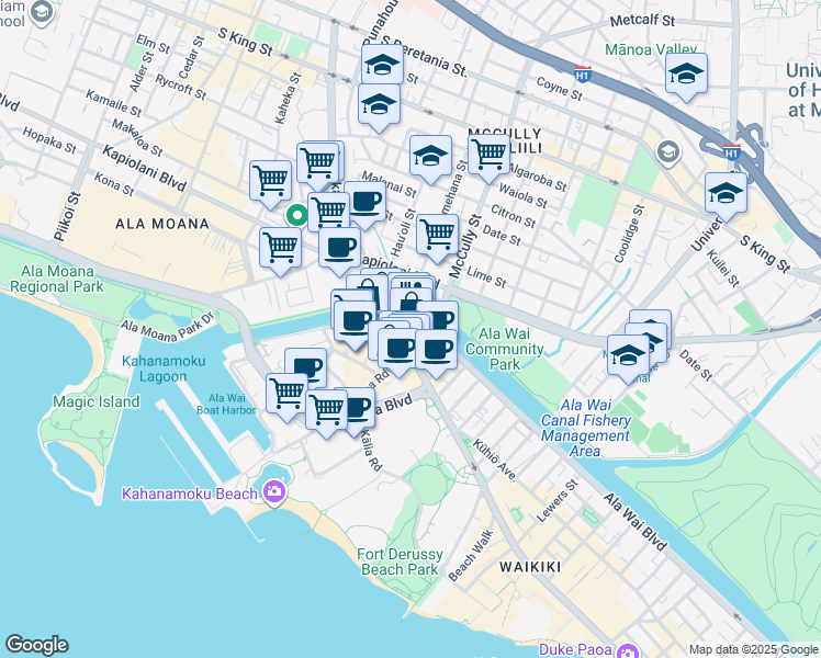 map of restaurants, bars, coffee shops, grocery stores, and more near 1837 Kalakaua Avenue in Honolulu