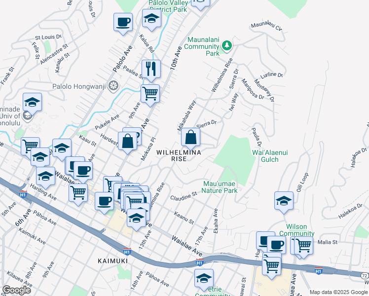 map of restaurants, bars, coffee shops, grocery stores, and more near 1543 Wilhelmina Rise in Honolulu