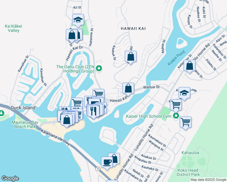 map of restaurants, bars, coffee shops, grocery stores, and more near 7002 Hawaii Kai Drive in Honolulu