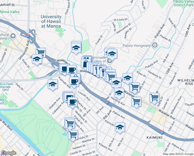 map of restaurants, bars, coffee shops, grocery stores, and more near 3125 Waialae Avenue in Honolulu