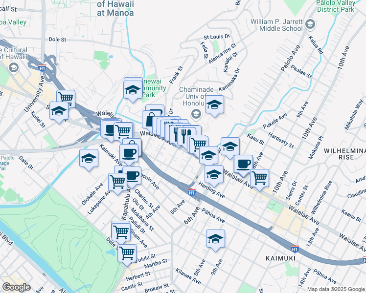 map of restaurants, bars, coffee shops, grocery stores, and more near 3154 Waialae Avenue in Honolulu