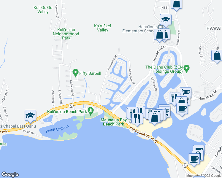 map of restaurants, bars, coffee shops, grocery stores, and more near 6243 Kawaihae Place in Honolulu