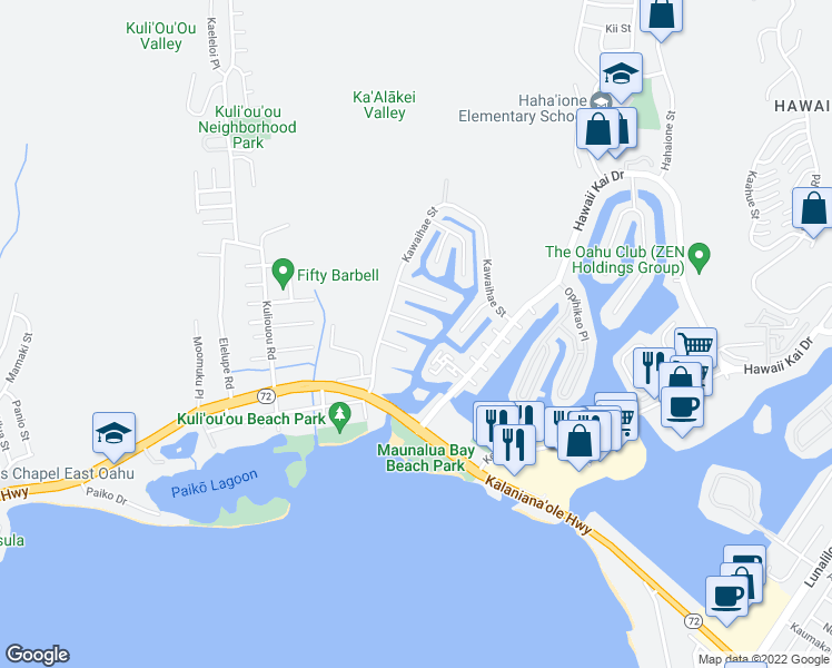 map of restaurants, bars, coffee shops, grocery stores, and more near 6249 Kawaihae Place in Honolulu