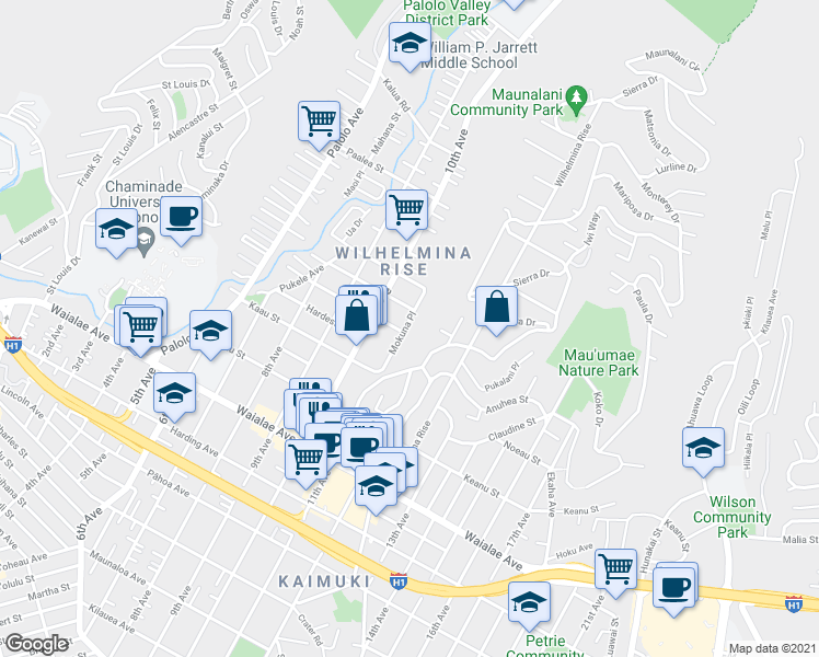 map of restaurants, bars, coffee shops, grocery stores, and more near 1509 Mokuna Place in Honolulu