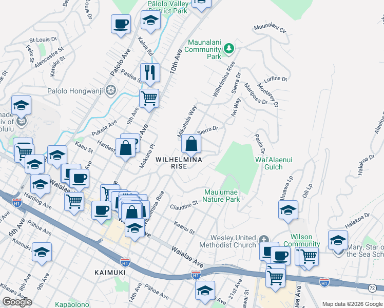 map of restaurants, bars, coffee shops, grocery stores, and more near 1543 Wilhelmina Rise in Honolulu