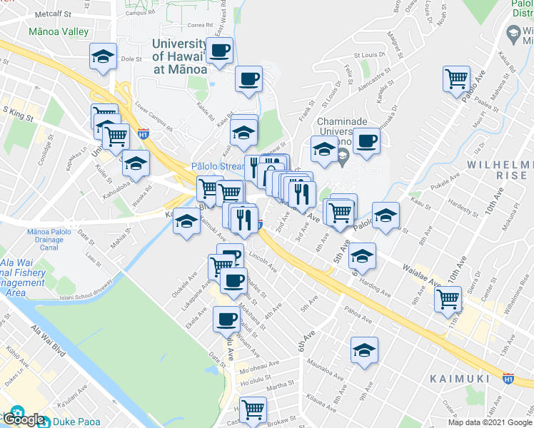 map of restaurants, bars, coffee shops, grocery stores, and more near 1121 1st Avenue in Honolulu