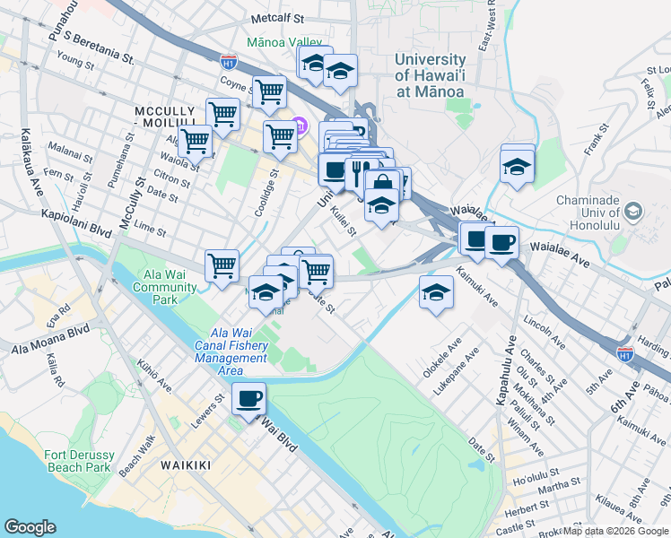 map of restaurants, bars, coffee shops, grocery stores, and more near 2733 Kāʻaha Street in Honolulu