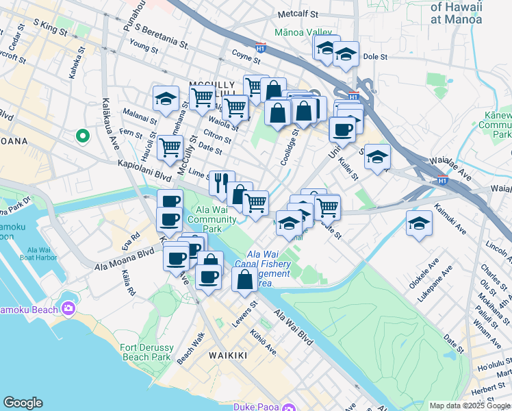 map of restaurants, bars, coffee shops, grocery stores, and more near 608 Hausten Street in Honolulu