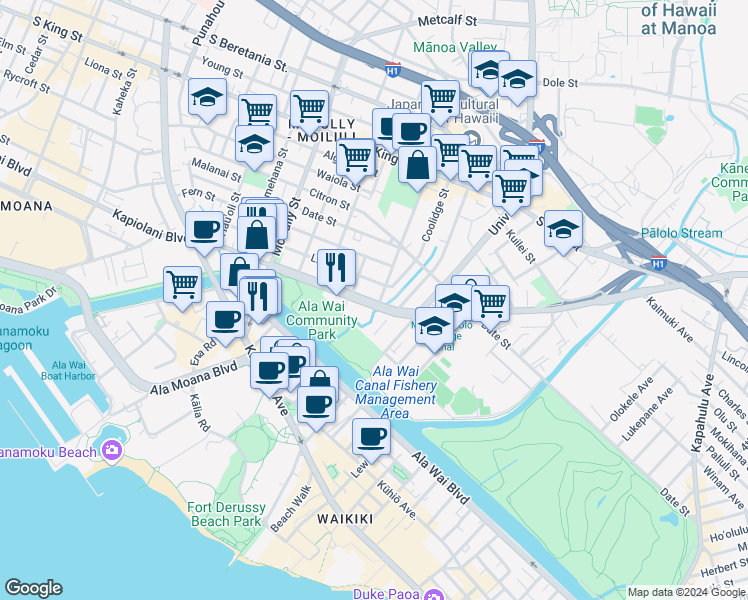 map of restaurants, bars, coffee shops, grocery stores, and more near 10 Kapiolani Boulevard in Honolulu