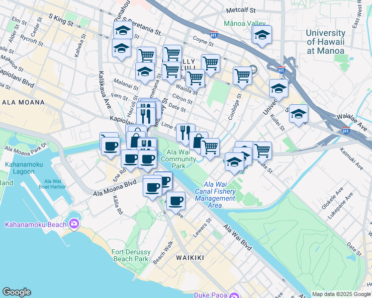 map of restaurants, bars, coffee shops, grocery stores, and more near 2215 Kapiolani Boulevard in Honolulu