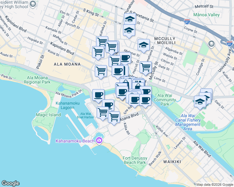 map of restaurants, bars, coffee shops, grocery stores, and more near 401 Makaoe Lane in Honolulu