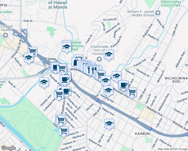 map of restaurants, bars, coffee shops, grocery stores, and more near 3154 Waialae Avenue in Honolulu