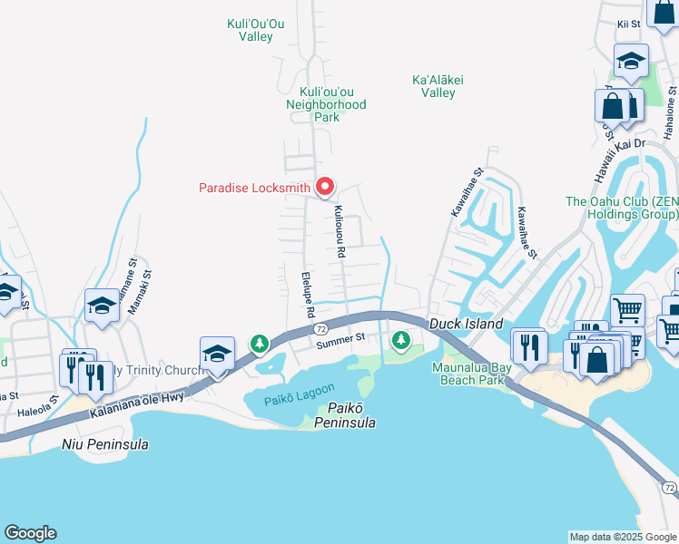 map of restaurants, bars, coffee shops, grocery stores, and more near 256 Kuliouou Road in Honolulu