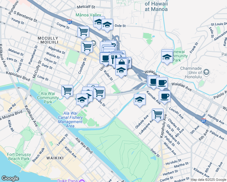 map of restaurants, bars, coffee shops, grocery stores, and more near 2630 Kapiolani Boulevard in Honolulu