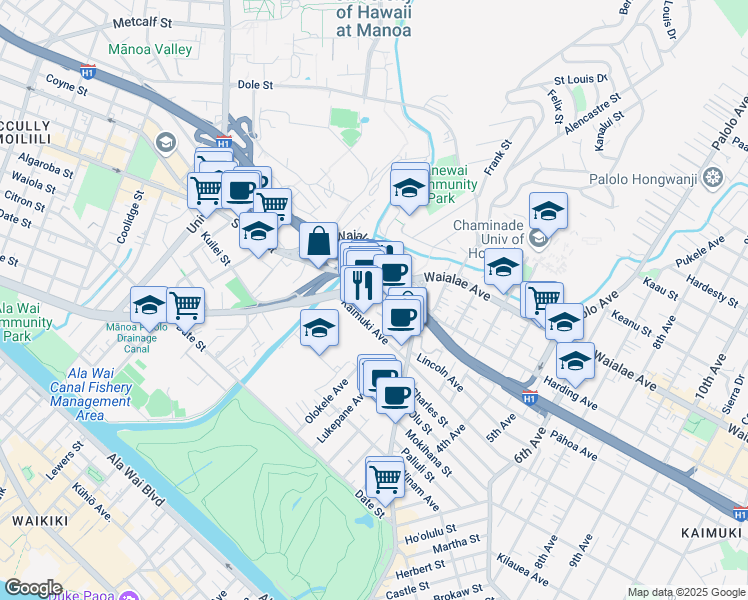 map of restaurants, bars, coffee shops, grocery stores, and more near 2927 Kapiolani Boulevard in Honolulu