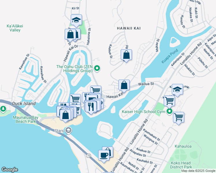 map of restaurants, bars, coffee shops, grocery stores, and more near 7000 Hawaii Kai Drive in Honolulu