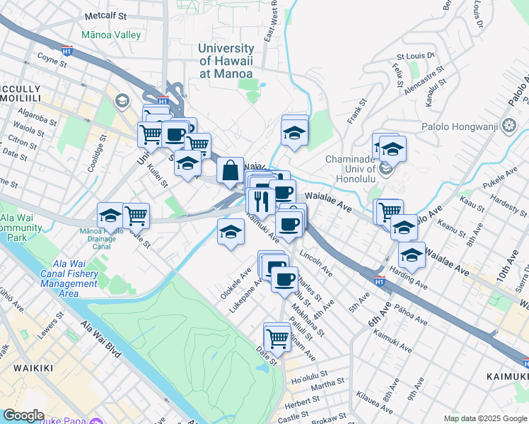 map of restaurants, bars, coffee shops, grocery stores, and more near 2919 Kapiolani Boulevard in Honolulu