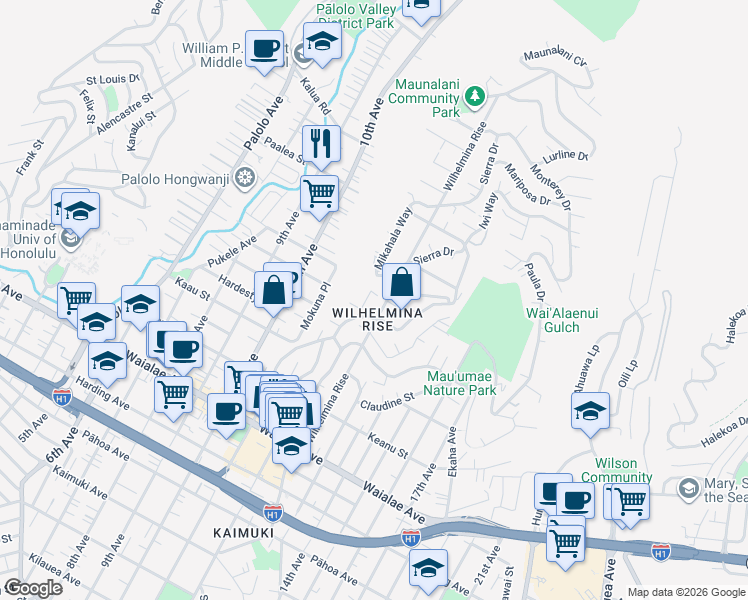 map of restaurants, bars, coffee shops, grocery stores, and more near 1543 Wilhelmina Rise in Honolulu