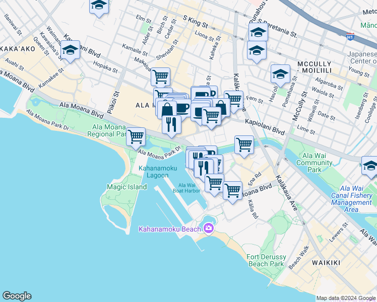 map of restaurants, bars, coffee shops, grocery stores, and more near 1620 Ala Moana Park Drive in Honolulu
