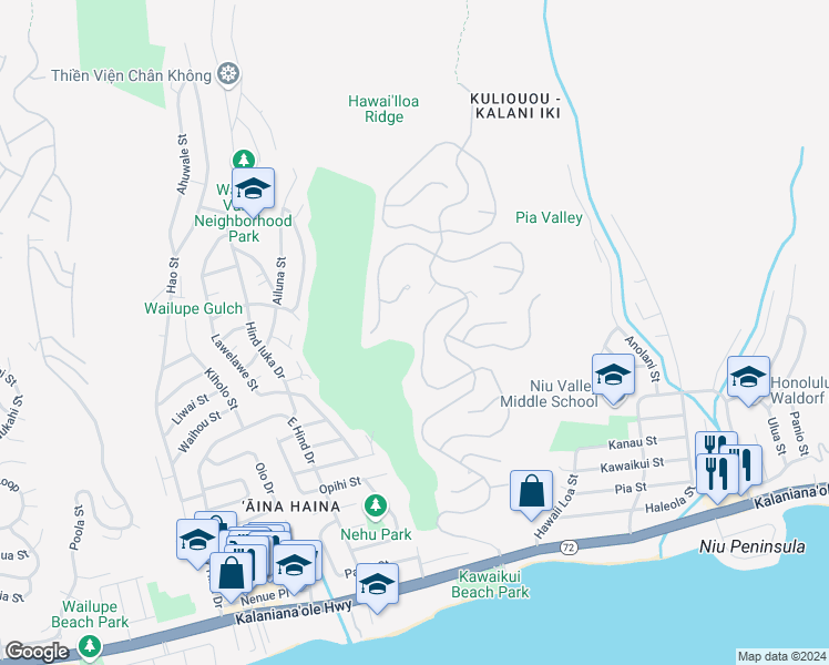 map of restaurants, bars, coffee shops, grocery stores, and more near 665 Kahiau Loop in Honolulu