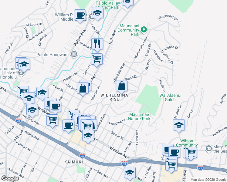 map of restaurants, bars, coffee shops, grocery stores, and more near 1543 Wilhelmina Rise in Honolulu