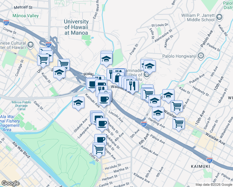 map of restaurants, bars, coffee shops, grocery stores, and more near 1121 1st Avenue in Honolulu
