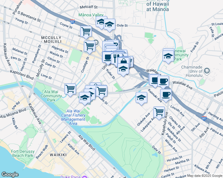 map of restaurants, bars, coffee shops, grocery stores, and more near 2630 Kapiolani Boulevard in Honolulu