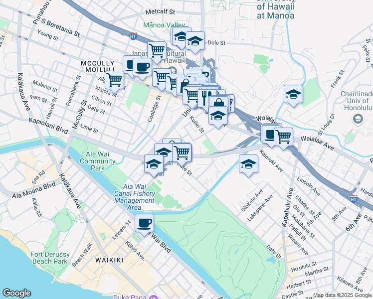 map of restaurants, bars, coffee shops, grocery stores, and more near 2733 Kāʻaha Street in Honolulu