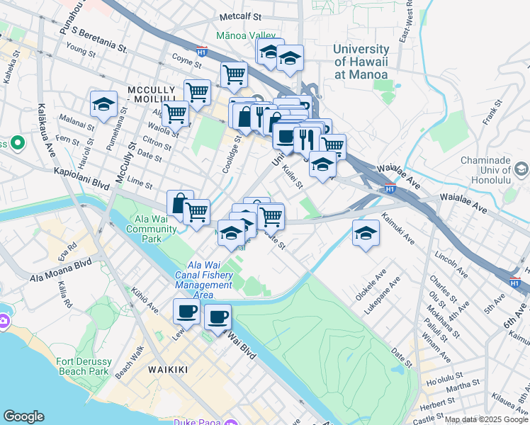 map of restaurants, bars, coffee shops, grocery stores, and more near in Honolulu