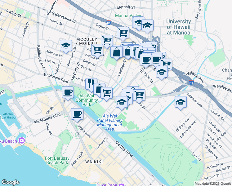 map of restaurants, bars, coffee shops, grocery stores, and more near 625 University Avenue in Honolulu