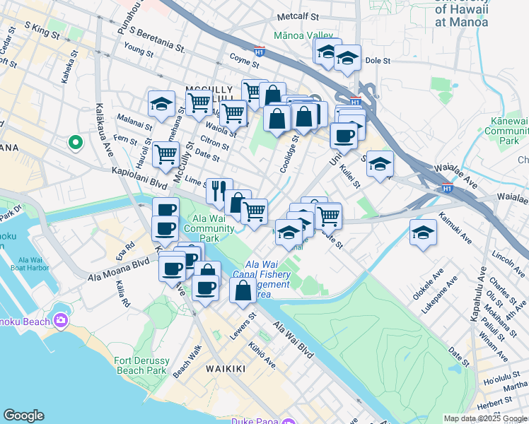 map of restaurants, bars, coffee shops, grocery stores, and more near 608 Hausten Street in Honolulu