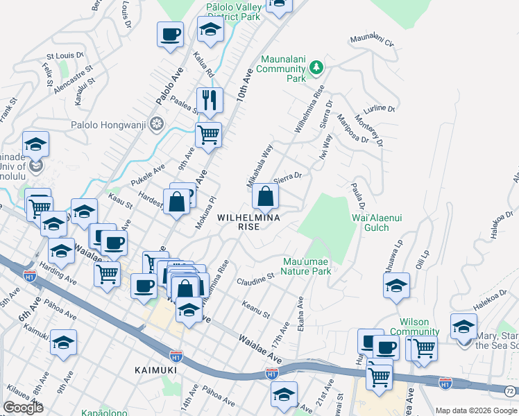 map of restaurants, bars, coffee shops, grocery stores, and more near 1549 Wilhelmina Rise in Honolulu