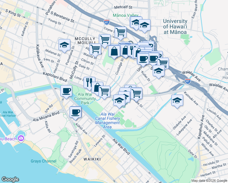 map of restaurants, bars, coffee shops, grocery stores, and more near 625 University Avenue in Honolulu