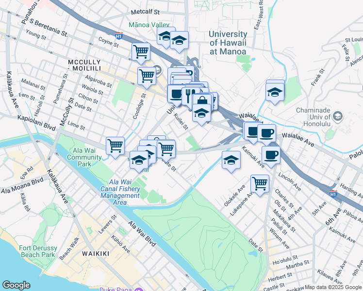 map of restaurants, bars, coffee shops, grocery stores, and more near 2612 Kapiolani Boulevard in Honolulu
