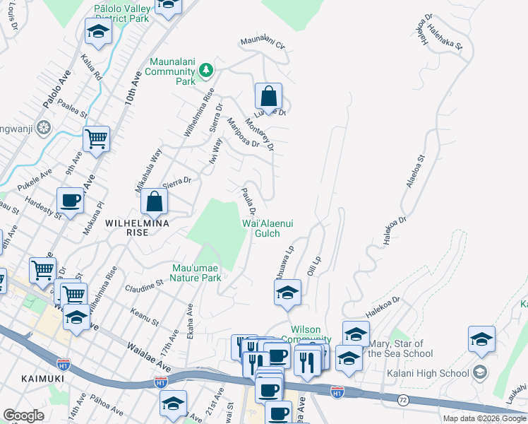 map of restaurants, bars, coffee shops, grocery stores, and more near 4130 Paloma Place in Honolulu
