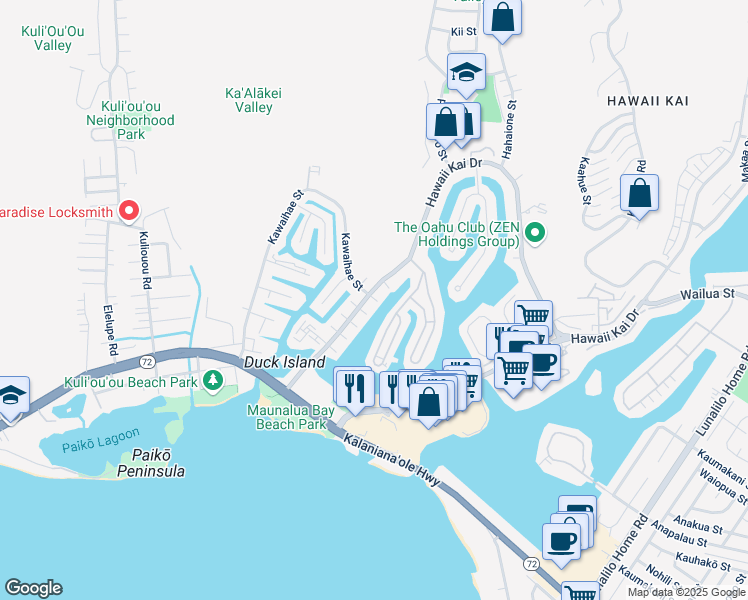 map of restaurants, bars, coffee shops, grocery stores, and more near 254 Opihikao Way in Honolulu
